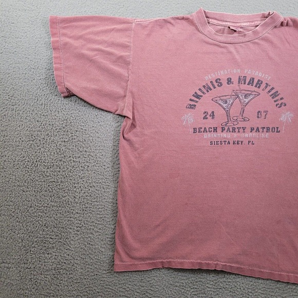 VTG Bikinis & Martinis Shirt Mens Large Pink Solid Crew Neck Logo Casual Tee USA - Picture 4 of 12